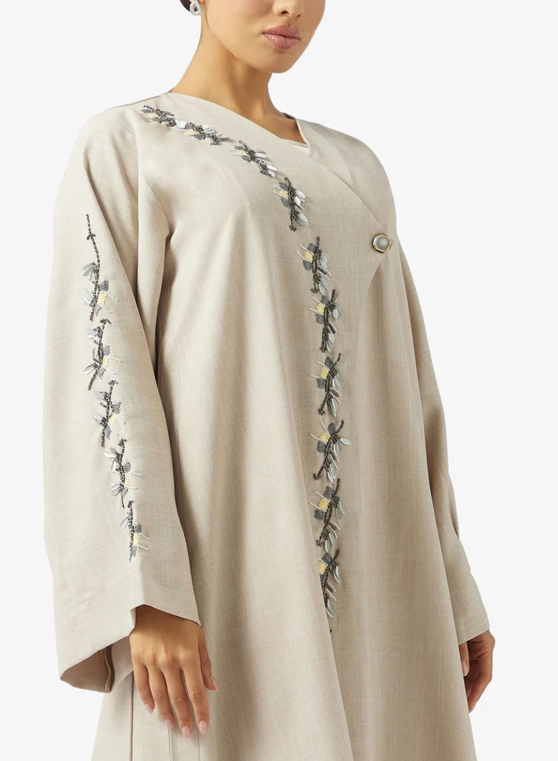 hayas closet  Floral Embellished Open Front Abaya for Women | Best Price UAE